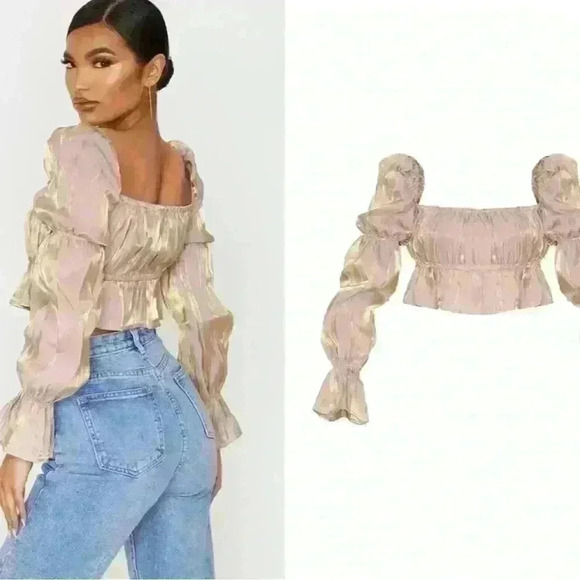 Pretty Little Thing Nude Metallic Ruched Waist Cropped Blouse Size 2/S Stretchy - Picture 2 of 7